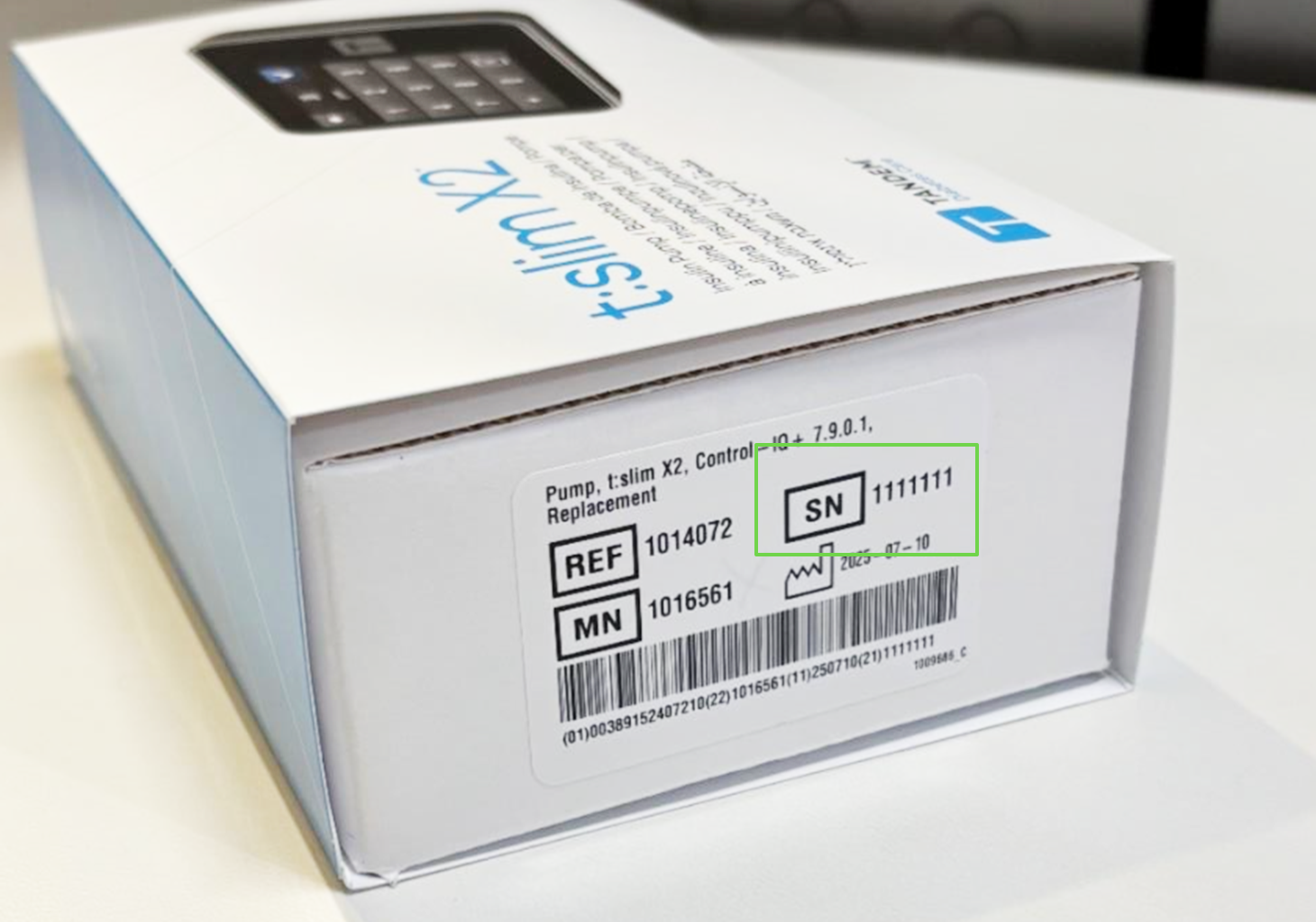 Serial number located on outside of replacement t:slim X2 box