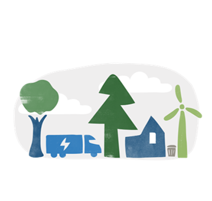插圖描繪樹木、貨車、房屋和風車，代表環境碳足印。