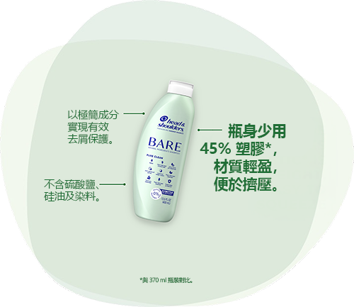 Head & Shoulders BARE：以極簡成分實現有效去屑保護。不含硫酸鹽、硅油及染料。瓶身少用 45% 塑膠*，材質輕盈，便於擠壓。*與 370 ml 瓶裝對比。