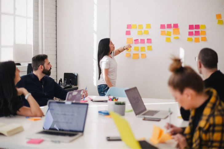 Meeting in an office with multiple people and post-it notes on a whiteboard