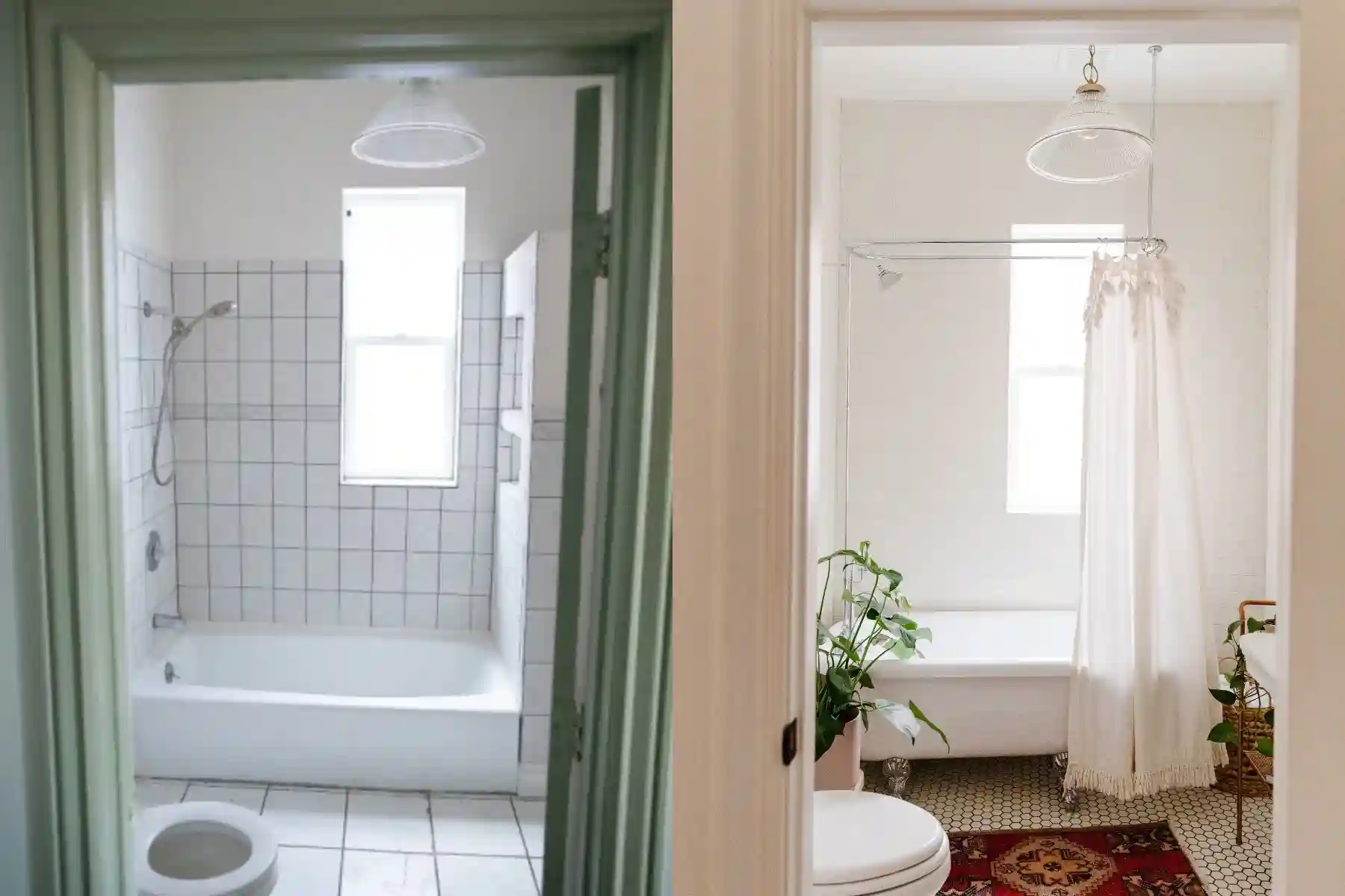 On the left, a before photo of an outdated, square white tiled bathroom, with a green painted doorway. On the right is an after photo of the bathroom with updated tile throughout, refreshed paint on the doorway and walls, and plants, baskets, and a rug help to make the room feel stylish. 