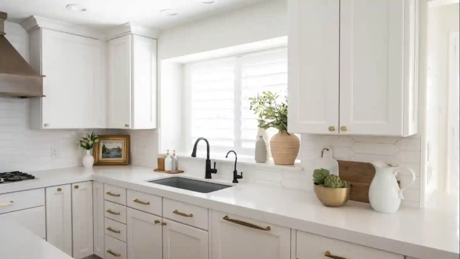 An all white kitchen with brass handles on the cabinetry and the layout thought out strategically for maximum funtionality.