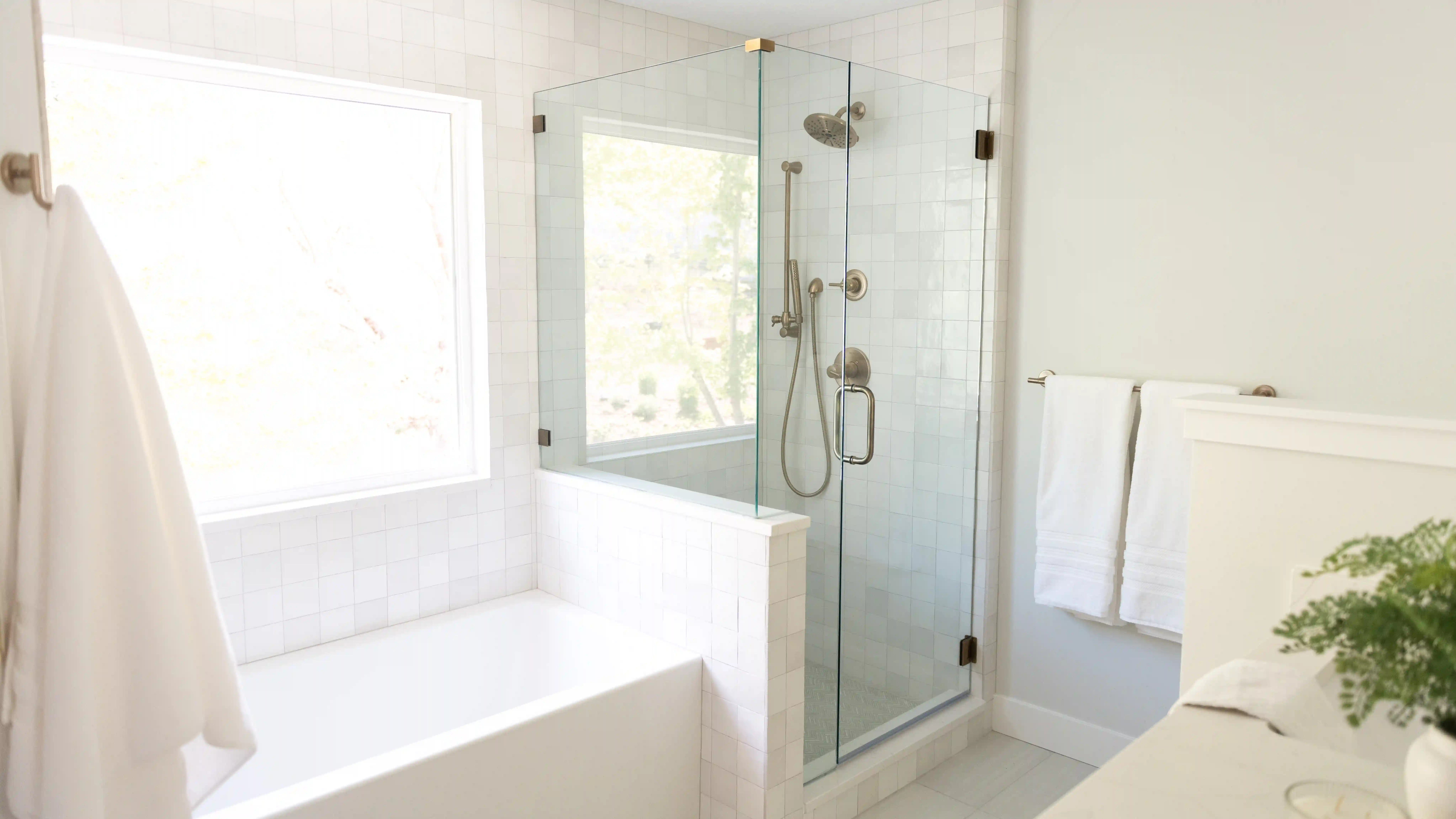An all white bathroom with a tub and shower. The shower has a clear glass surround. and polished nickel hardware. 