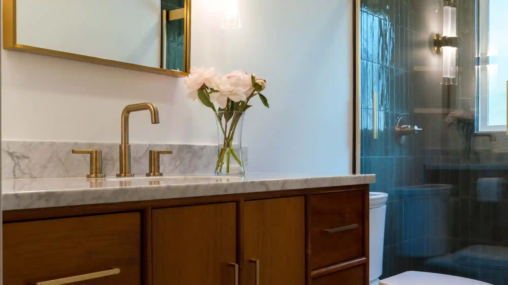 Vanity view, gold hardware. Midcentury inspired vanity and bathroom design. 