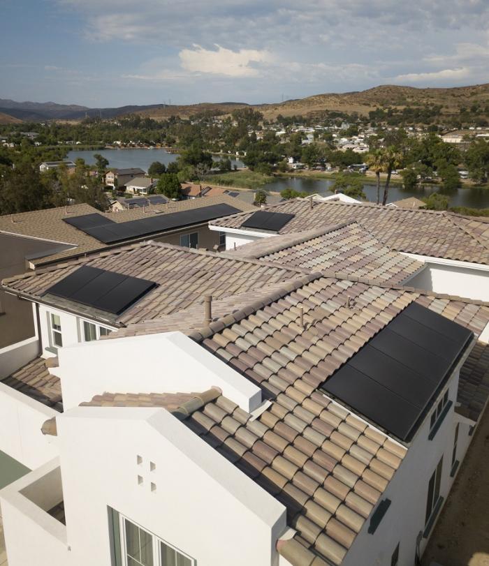 Solar panels on the roofs of a new home community in California