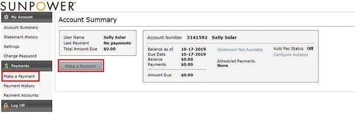 SunPower online bill pay account summary