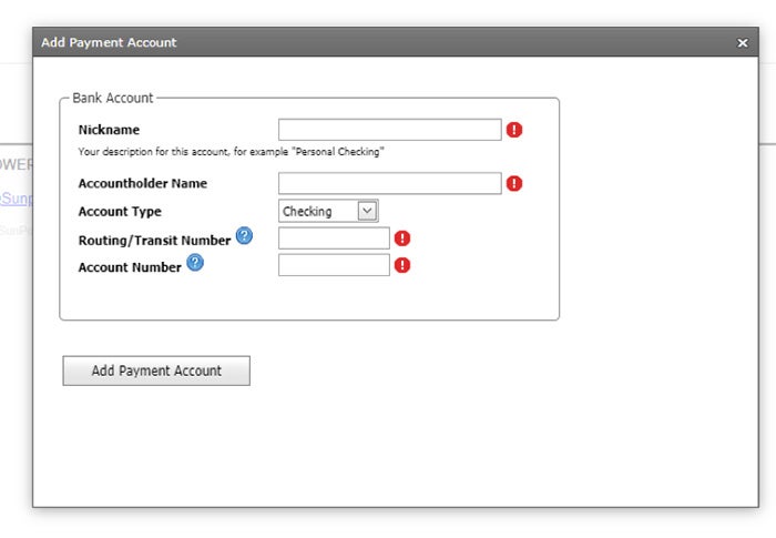Add Payment Account details to SunPower online billing account