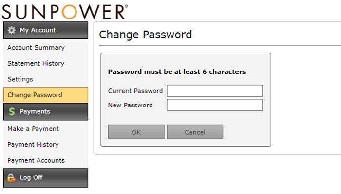 SunPower change your account password