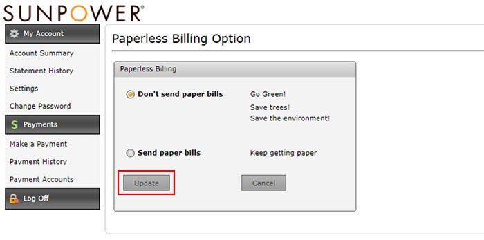 SunPower billing account paperless billing options