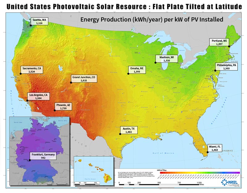US versus Germany radiation map produced by the National Renewable Energy Laboratory (NREL)