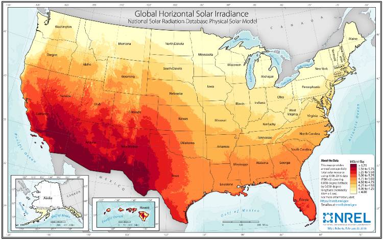 Map of Solar Irradiance in America