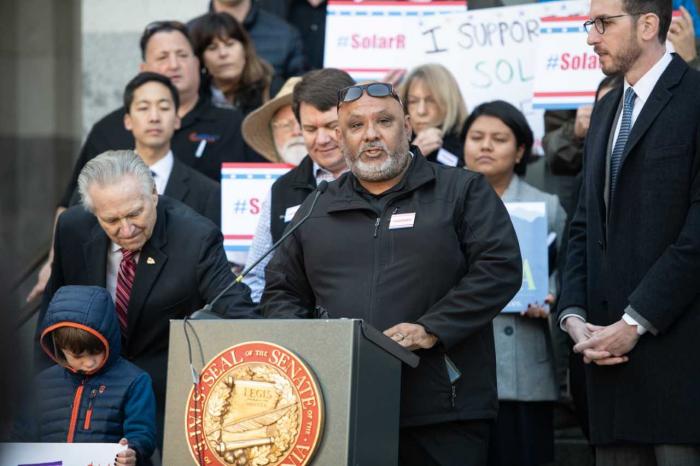 Solar homeowner Ramon Torres speaks out in support of solar-friendly state policies in Sacramento, California.