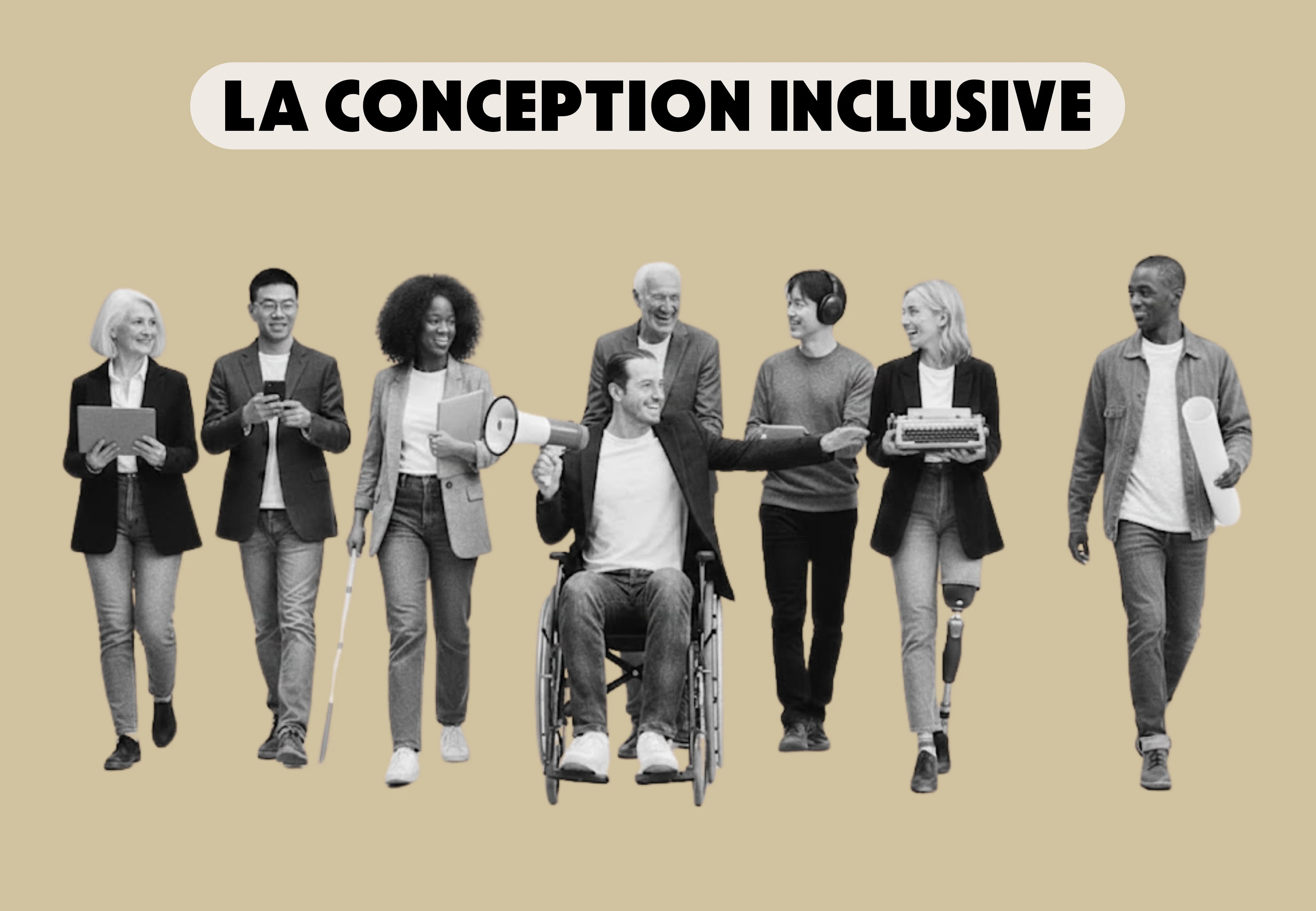 Un ensemble d'individus dont certains avec des handicaps visibles. En titre "la conception universelle"
