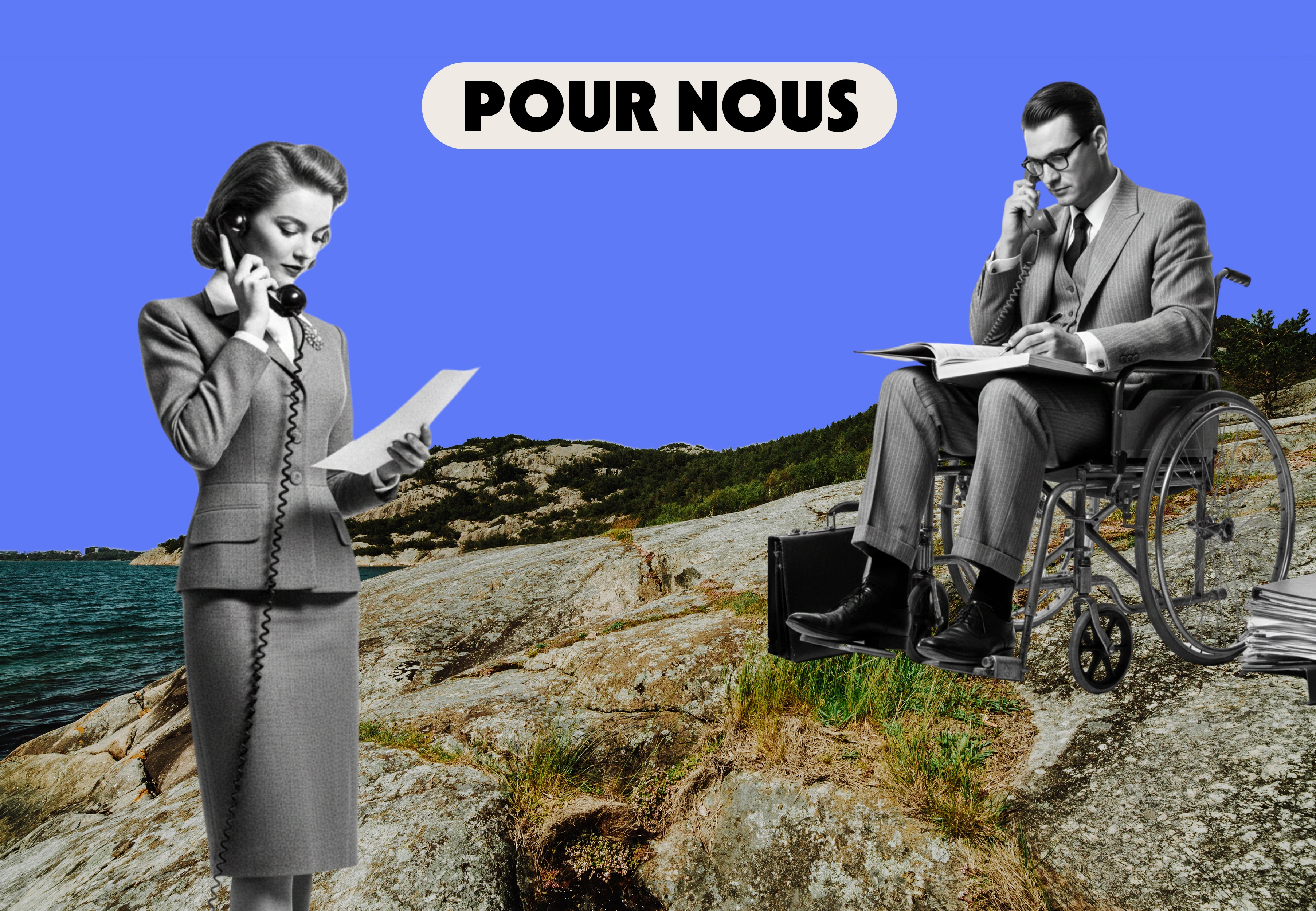 Un homme en fauteuil roulant et une femme en tailleur au style années 50, sont au téléphone en bord de mer. Le titre : Pour nous.