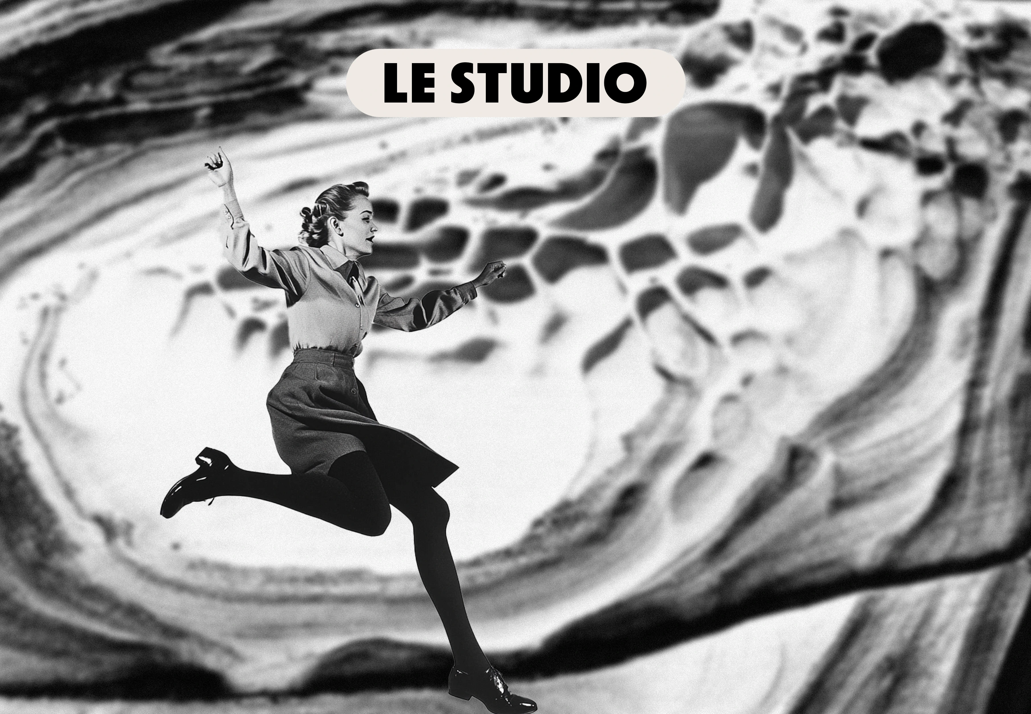 Un montage un peu surréaliste avec une femme au style années 50 qui saute. En fond on devine de la roche. En titre "Le studio".