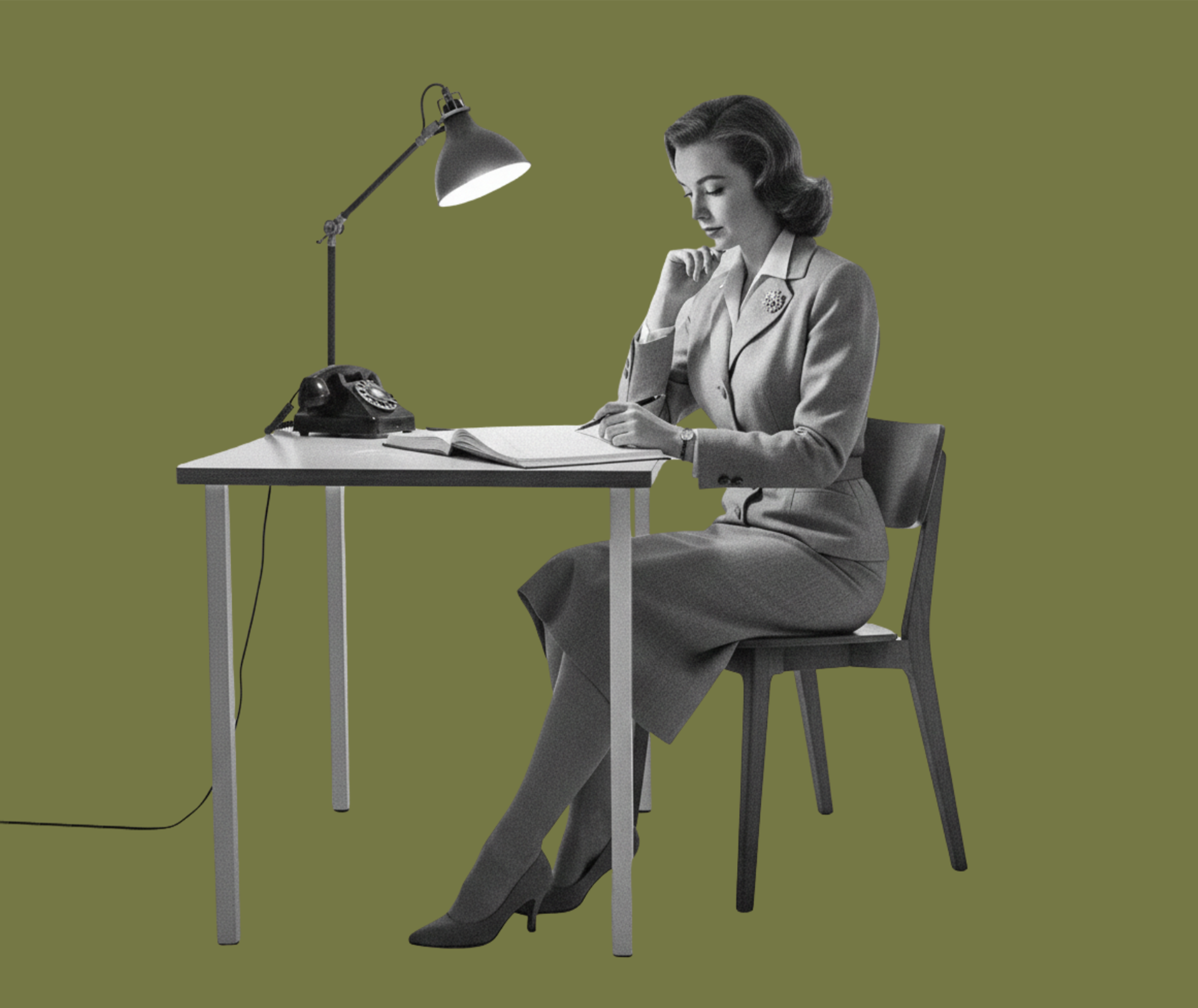 Une femme en tailleur rétro lit consciencieusement à un bureau.