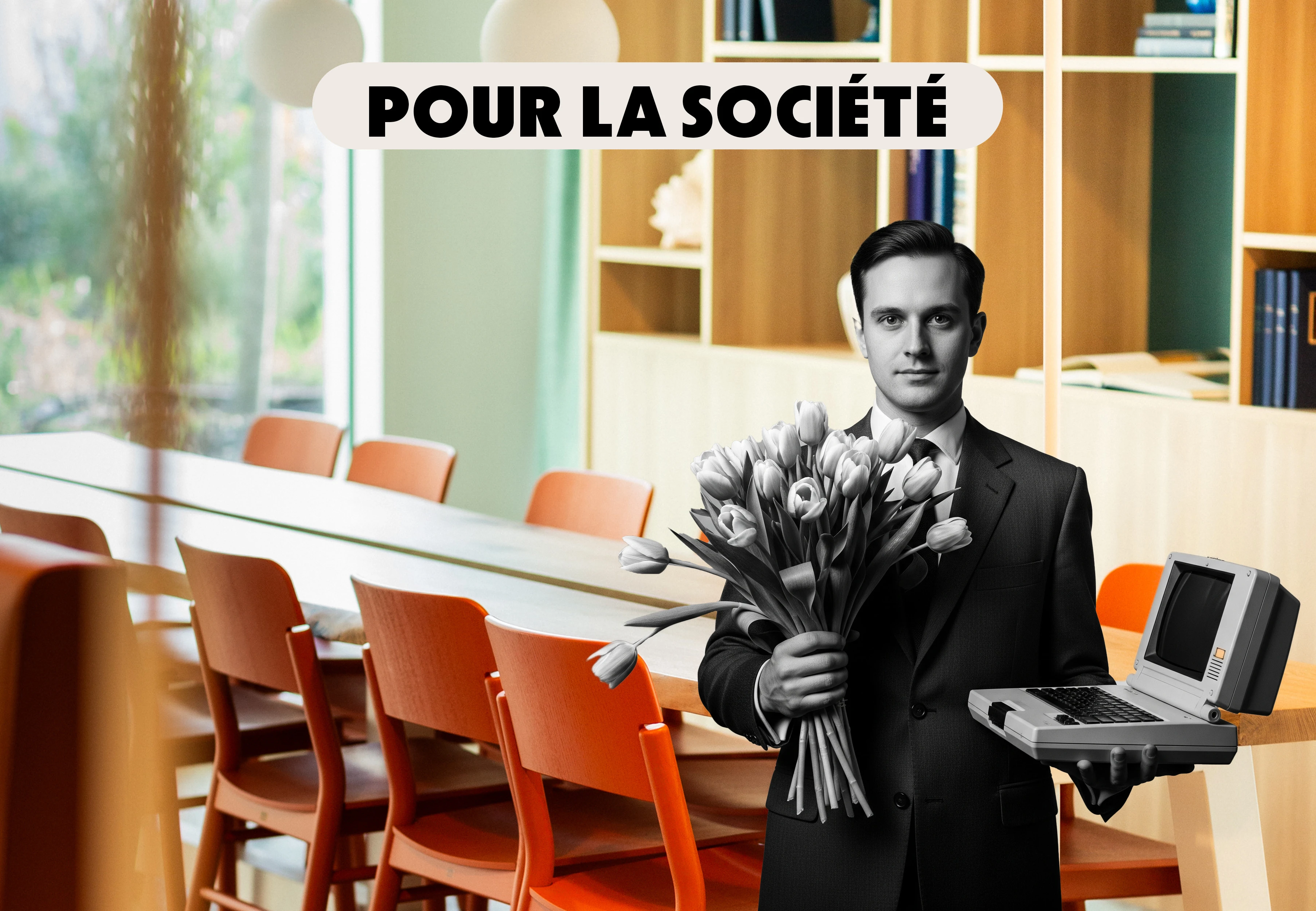 Un homme en costume tient dans une main un bouquet de tulipes et dans l'autre un minitel. En second plan, une grande table et des chaises rouges. En titre : Pour la société