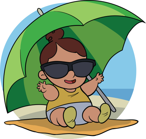 Illustration of a baby sitting under a green umbrella on a beach, wearing sunglasses and smiling.