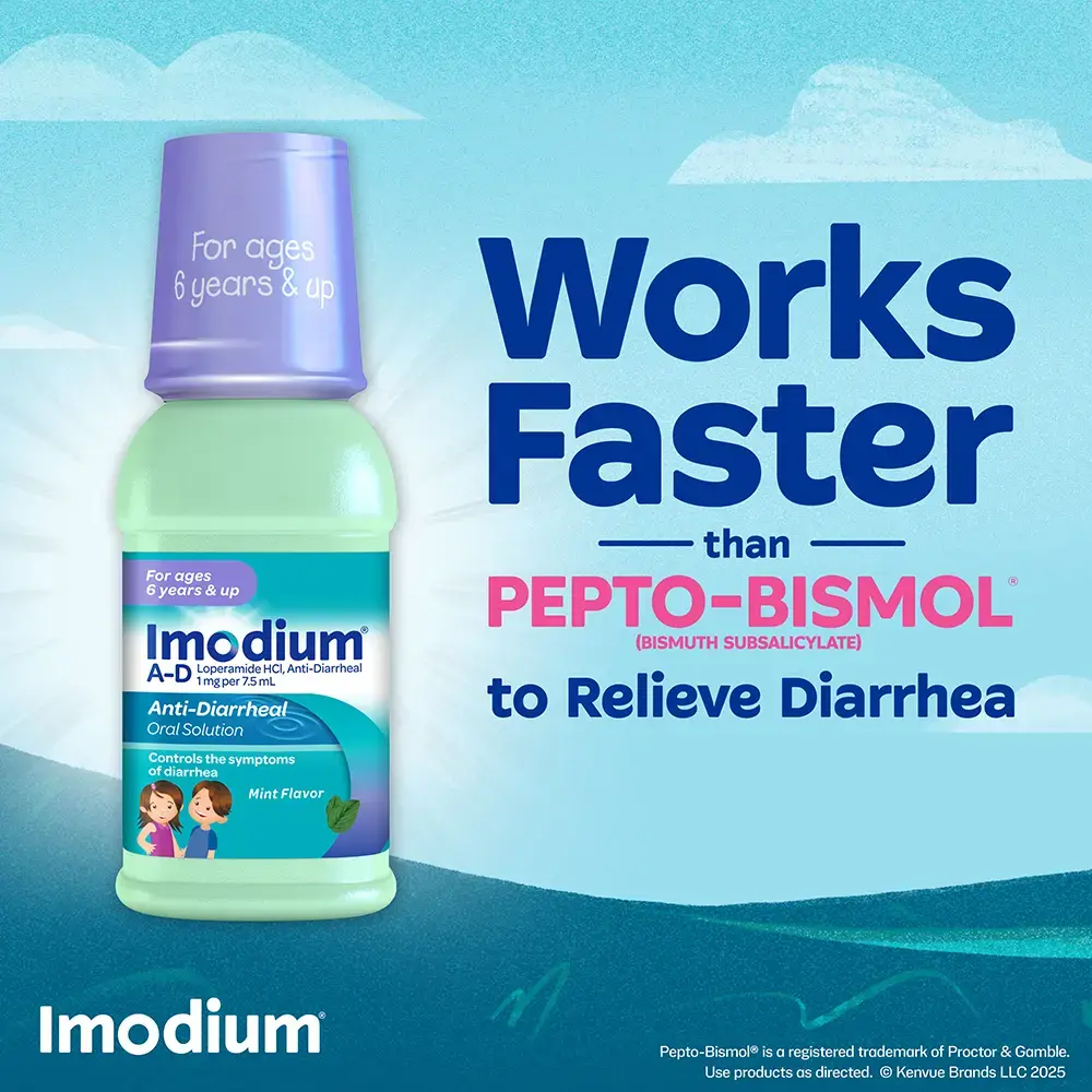 IMODIUM® Anti-Diarrheal oral solution for children ages 6 Works Faster that Pepto-Bismol® to Relieve Diarrhea