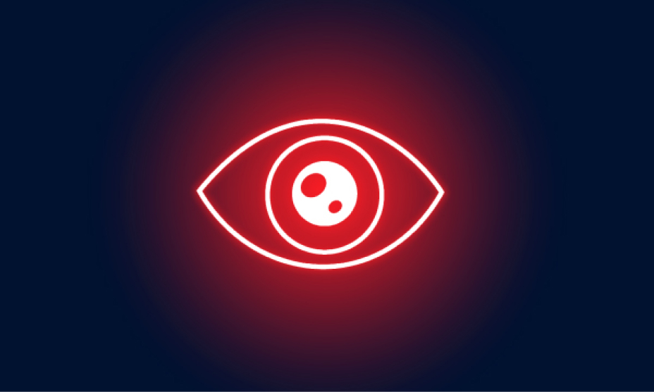 Red illuminated eye icon on dark blue background