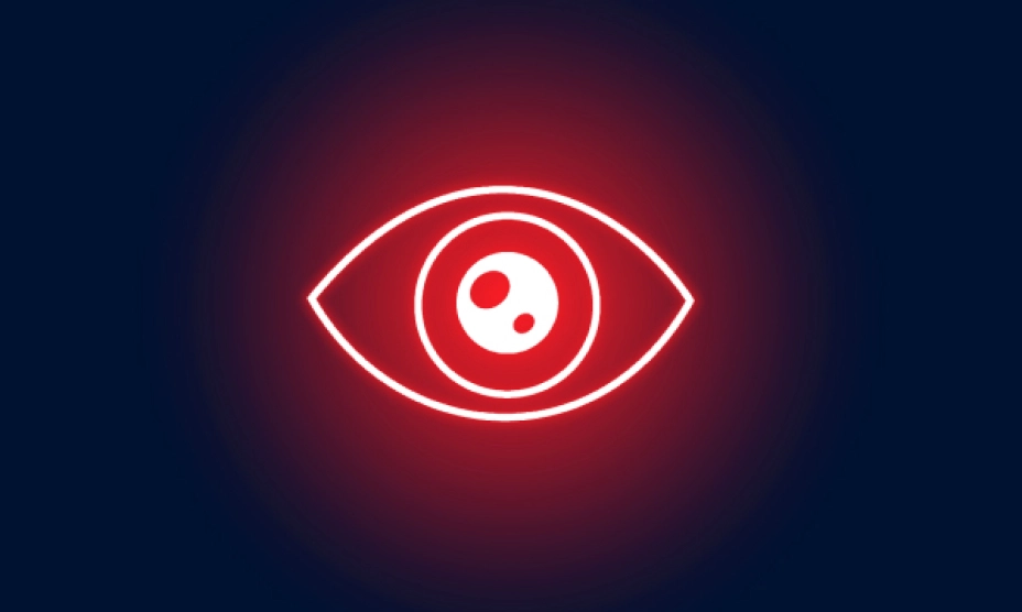 Red illuminated eye icon on dark blue background