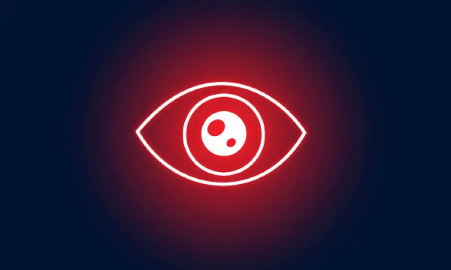 Red illuminated eye icon on dark blue background