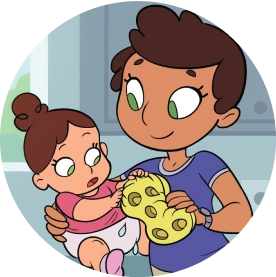 Illustration of a parent holding a baby in a kitchen setting. The parent is using a sponge to clean the baby, and the text on the image reads, "Their skin absorbs like a sponge," with a heart symbol.