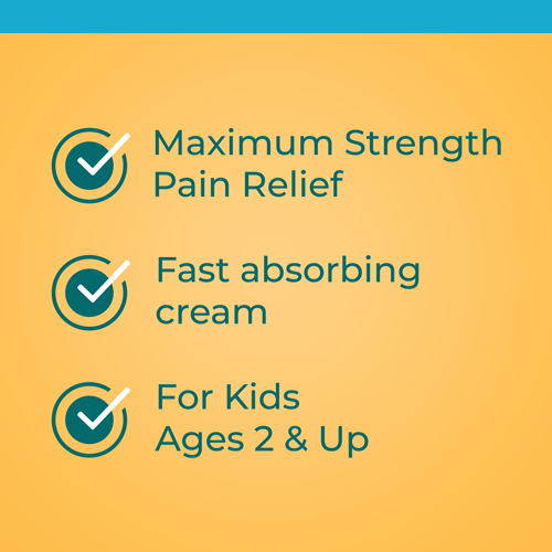 Features maximum strength pain relief and fast absorbing cream for kids ages 2+