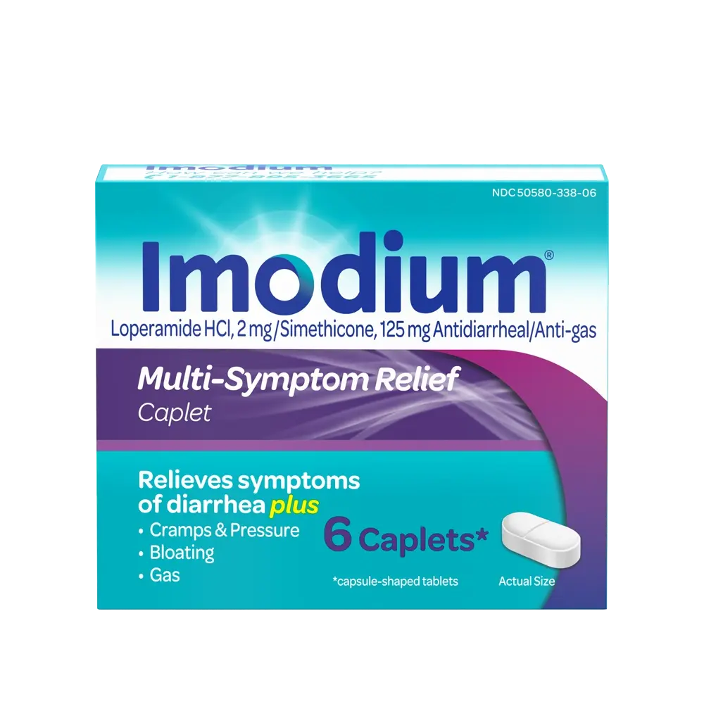 IMODIUM® Multi-Symptom Anti-Diarrheal Relief Medicine Caplets, Loperamide & Simethicone Pills for Diarrhea - 6 Count - Front Package