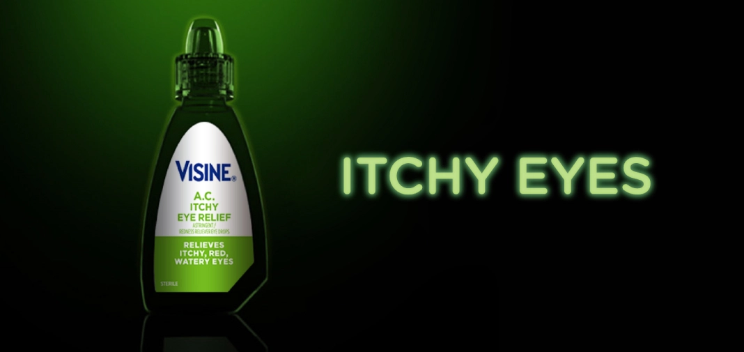 Visine A.C. Itchy Eye Relief bottle with text 'Itchy Eyes' on a dark green background, relieves itchy, red, watery eyes