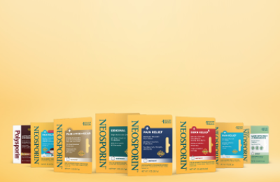 Neosporin product lineup displayed against a yellow background, featuring various products for pain relief, wound care, and infection prevention in different colored packaging.