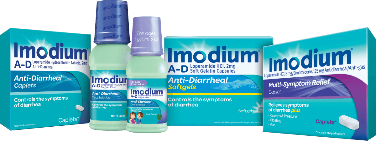 The full product lineup of Imodium anti-diarrheal products for adults and children