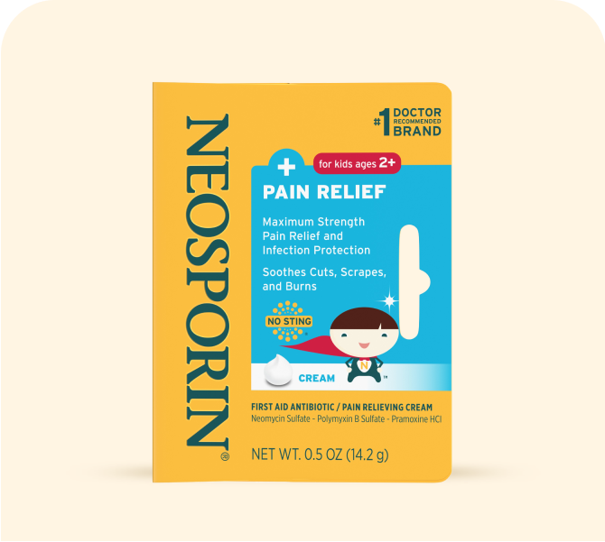 Neosporin Pain Relief cream for kids ages 2 and up, offering maximum strength pain relief and infection protection for cuts, scrapes, and burns, in a 0.5 oz yellow and blue packaging.