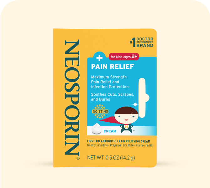 Neosporin Pain Relief cream for kids ages 2 and up, offering maximum strength pain relief and infection protection for cuts, scrapes, and burns, in a 0.5 oz yellow and blue packaging.