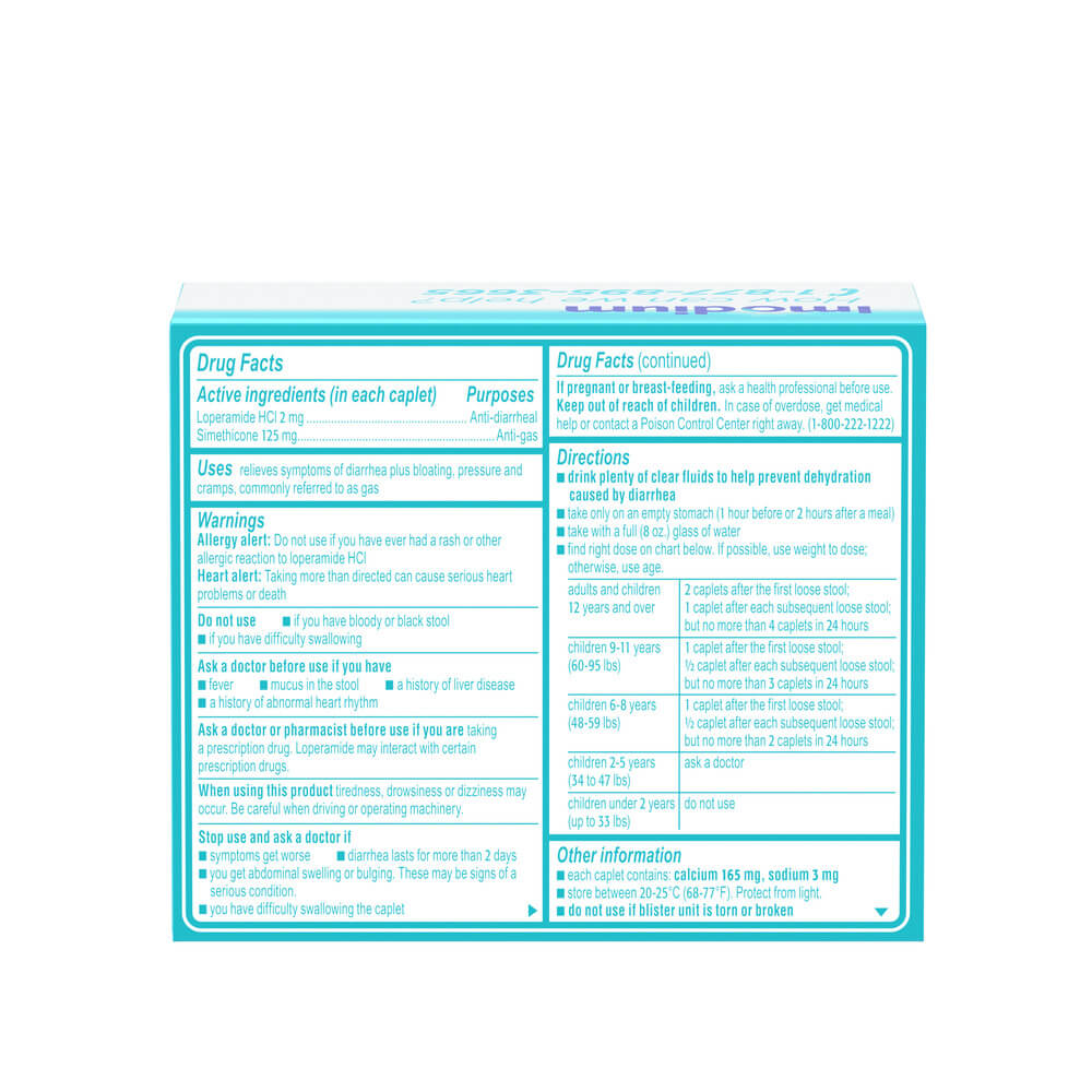 Back package of IMODIUM® Multi-Symptom Anti-Diarrheal Relief Medicine Caplets.