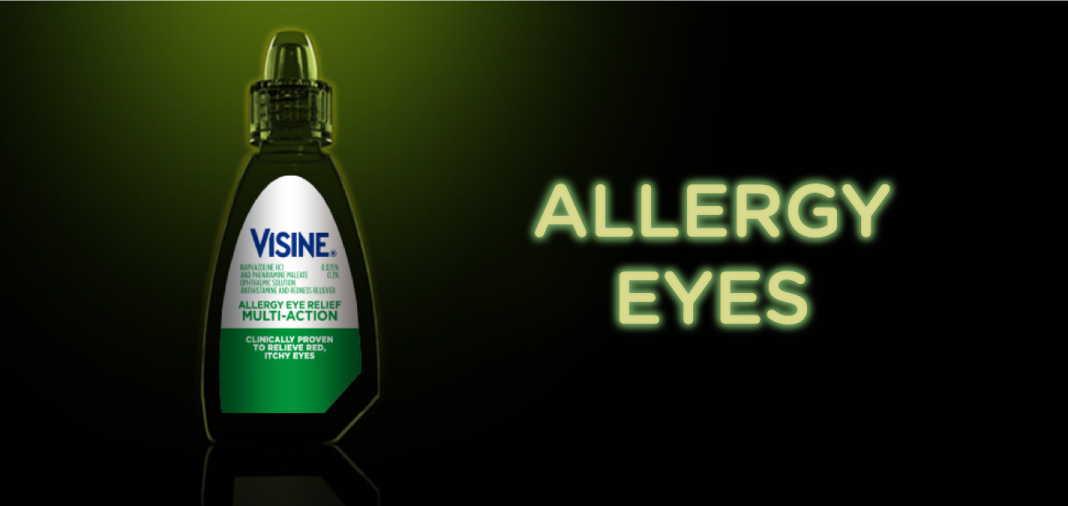 Visine Dry Eye Relief Tired Eye bottle with text 'Tired Eyes' on a dark purple background, soothes and revives tired eyes from screen time irritation