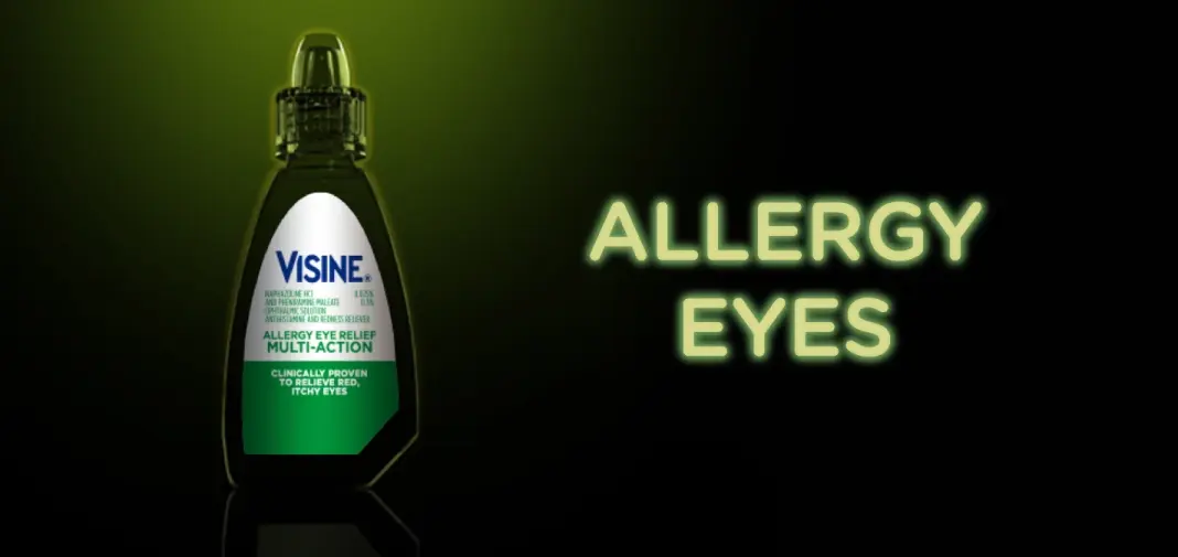 Visine Dry Eye Relief Tired Eye bottle with text 'Tired Eyes' on a dark purple background, soothes and revives tired eyes from screen time irritation