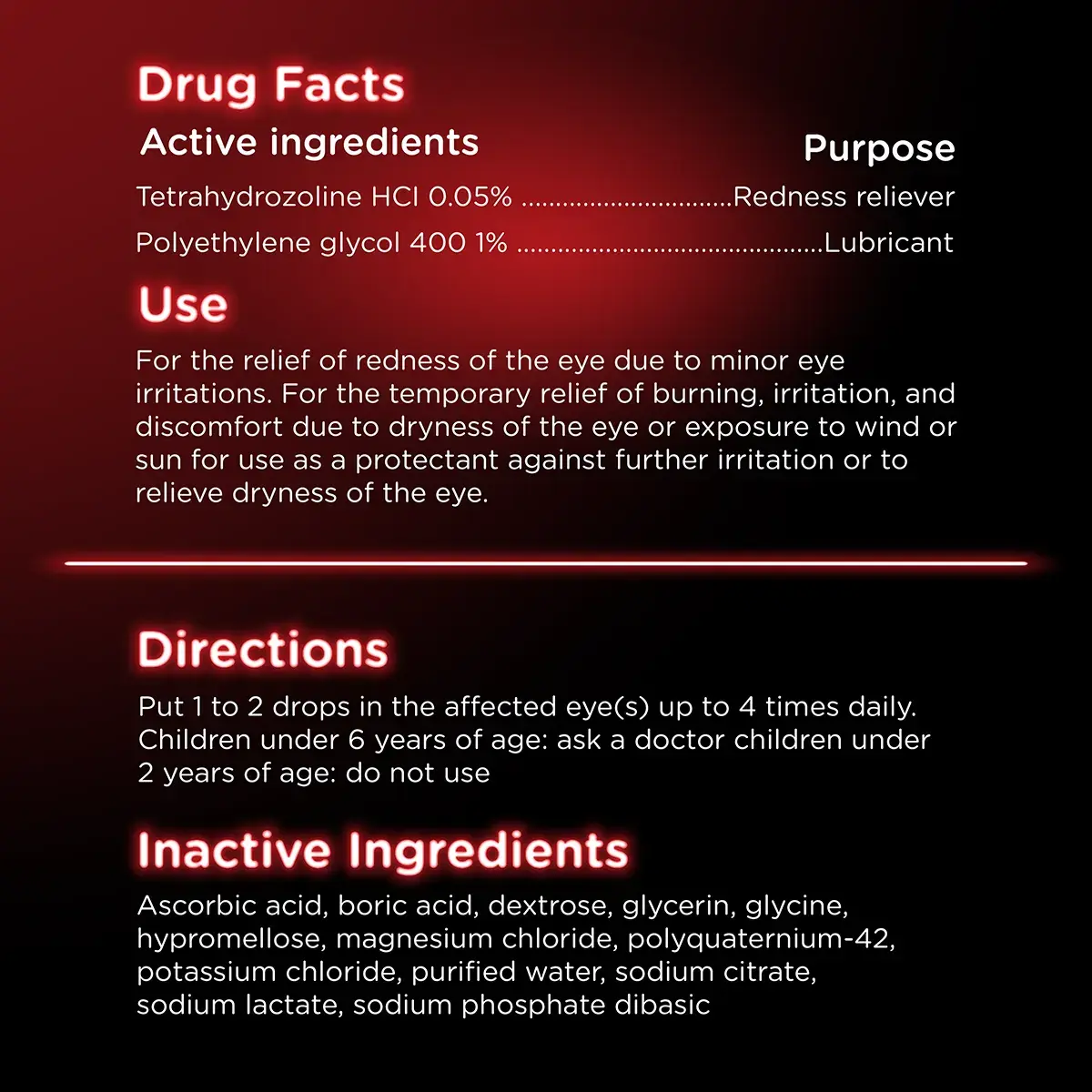 VISINE® Red Eye Hydrating Comfort Eye Drops for Redness & Irritation Relief Drug Facts
