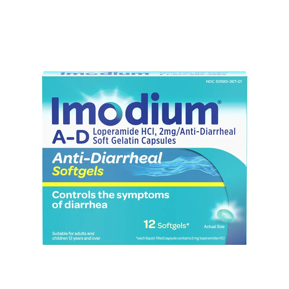 IMODIUM® A-D Anti-Diarrheal Softgels 12 count package front