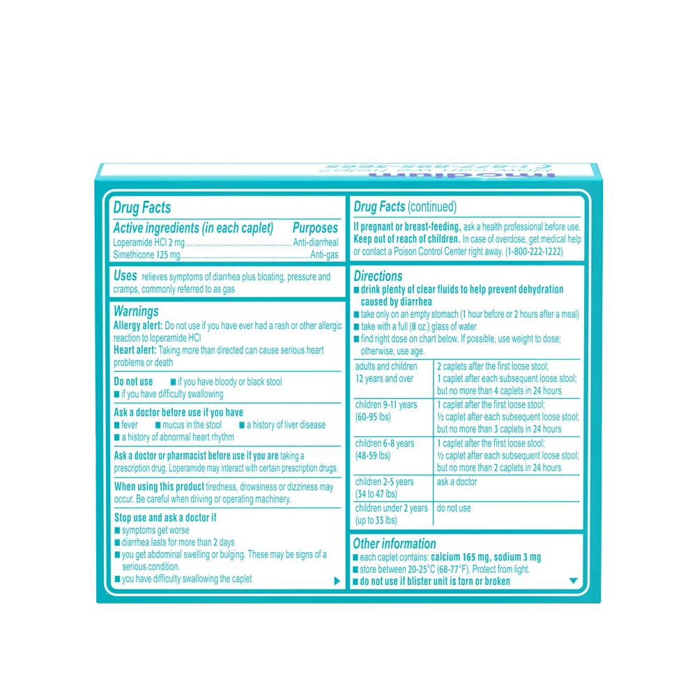 IMODIUM® Multi-Symptom Anti-Diarrheal Relief Medicine Caplets, Loperamide & Simethicone Pills for Diarrhea - 6 Count - Back Package