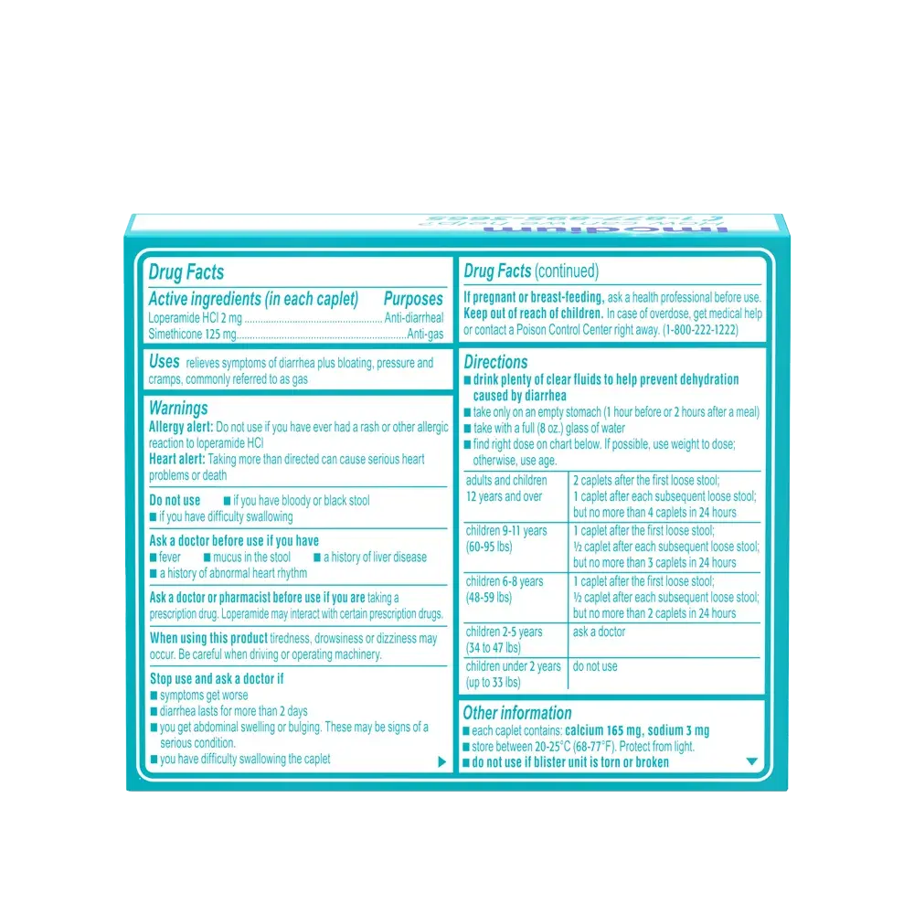 IMODIUM® Multi-Symptom Anti-Diarrheal Relief Medicine Caplets, Loperamide & Simethicone Pills for Diarrhea - 6 Count - Back Package