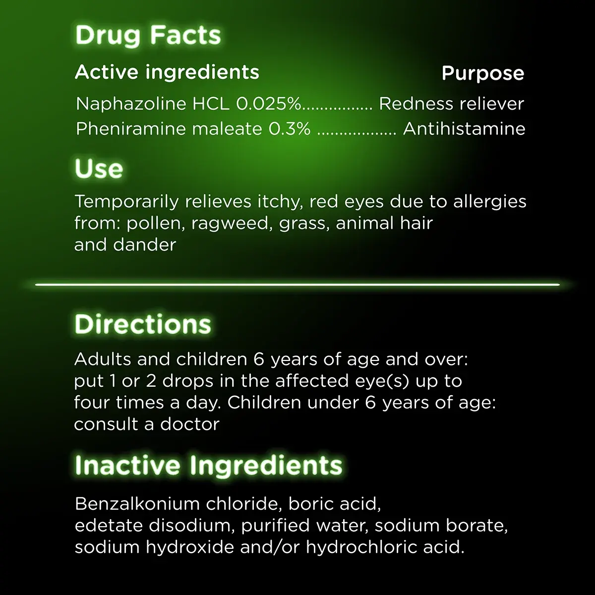 VISINE® Allergy Eye Relief Multi-Action Antihistamine & Redness Reliever Eye Drops drug facts