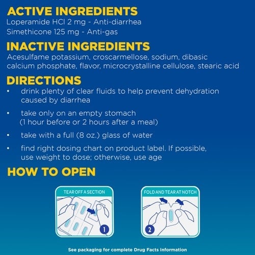 IMODIUM® Anti-Diarrheal Multi-Symptom list of ingredients and directions.