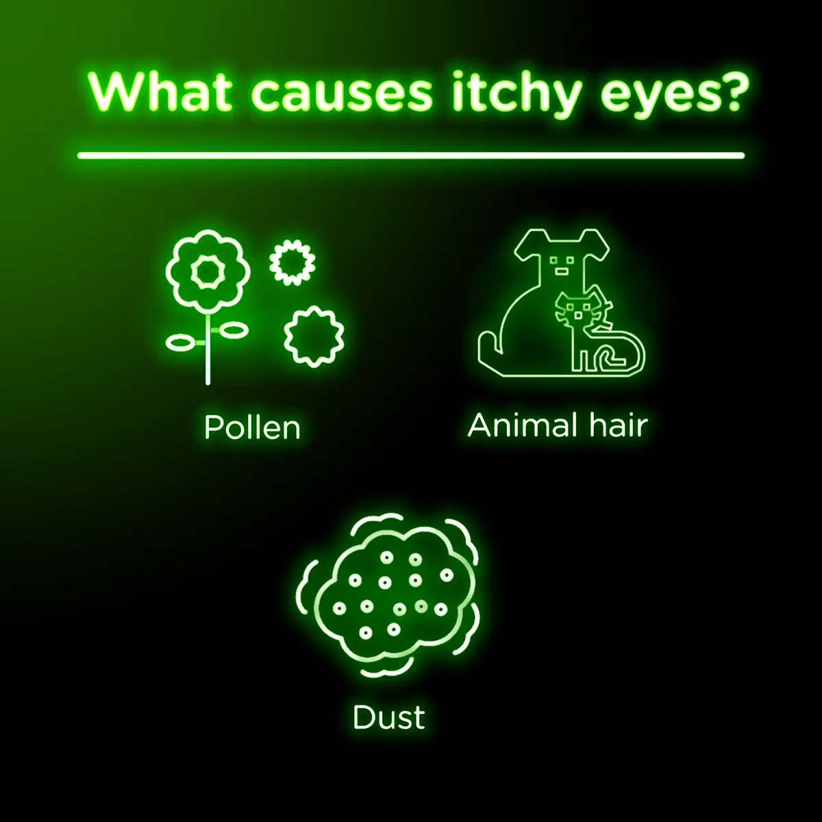 Itchy eyes may be caused by pollen, animal hair, and dust
