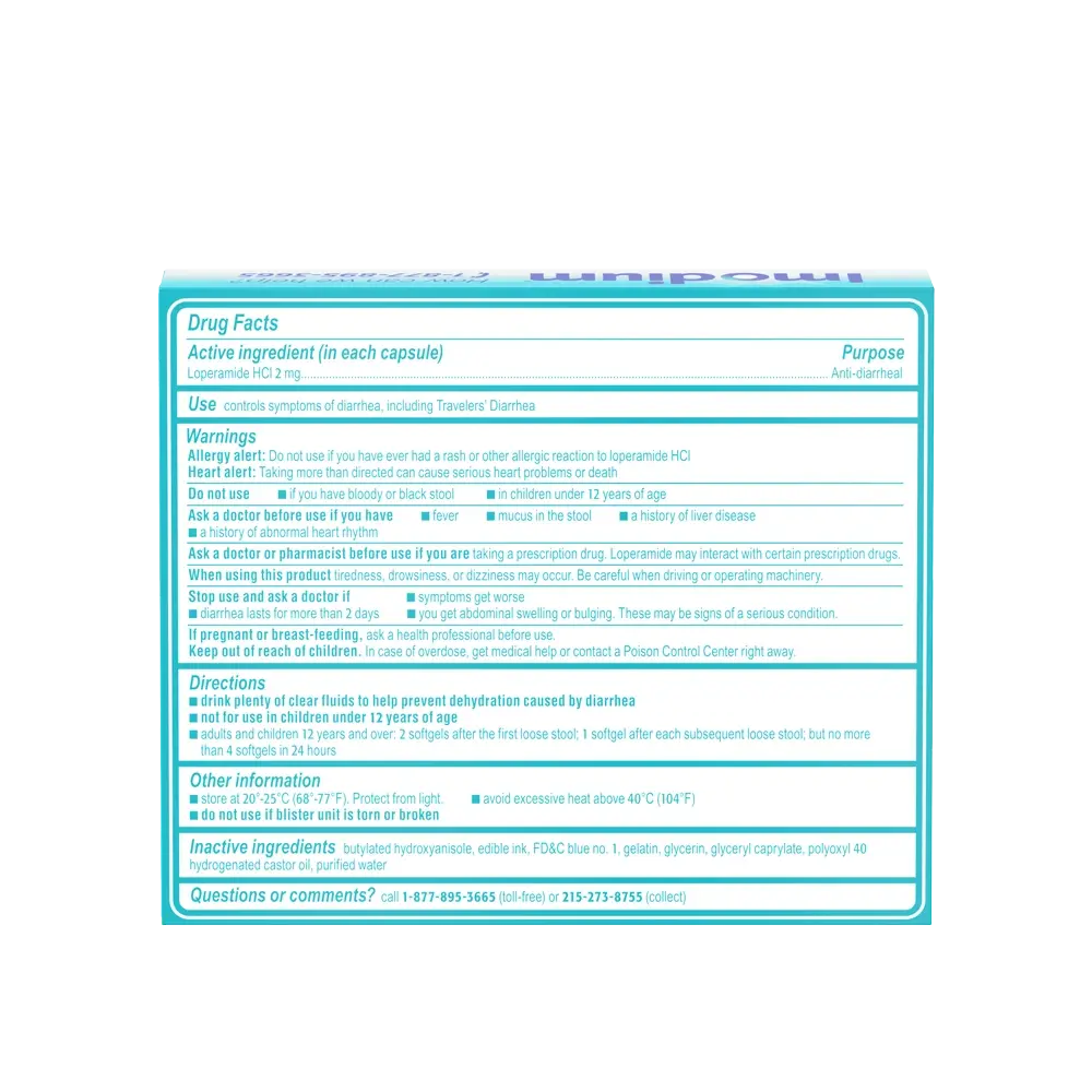 IMODIUM® A-D Anti-Diarrheal Softgels 12 count package back
