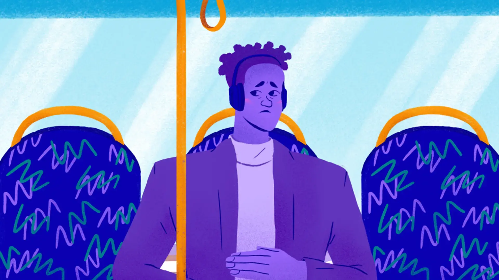 Male character standing on a subway train, holding his stomach, showing discomfort due to diarrhea symptoms.
