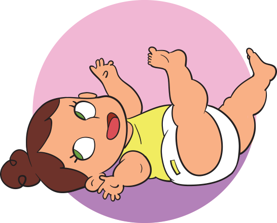 Illustration of a baby with brown hair in a bun, wearing a yellow tank top and a white diaper, lying on a pink and purple circular background.