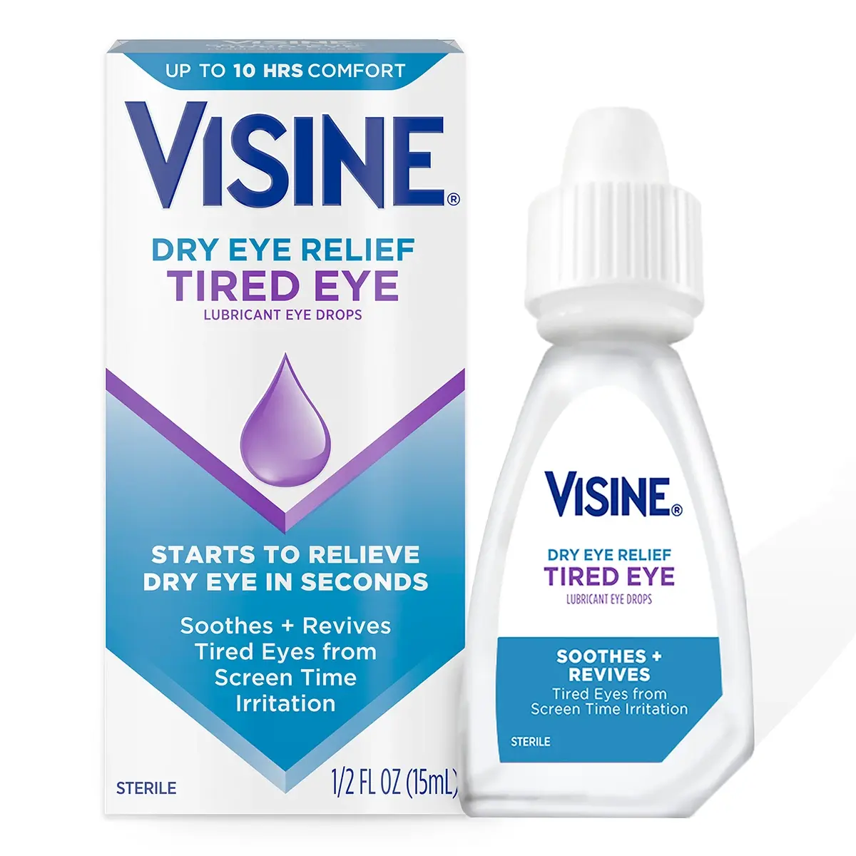 VISINE® Dry Eye Relief Tired Eye Lubricating Eye Drops front package and bottle