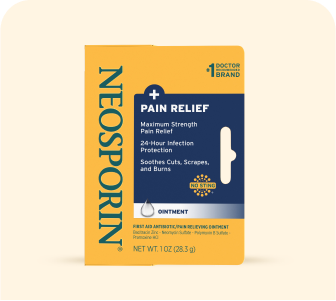 Neosporin Pain Relief ointment packaging, highlighting maximum strength pain relief, 24-hour infection protection, and a no-sting formula for soothing cuts, scrapes, and burns.