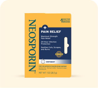 Neosporin Pain Relief ointment packaging, highlighting maximum strength pain relief, 24-hour infection protection, and a no-sting formula for soothing cuts, scrapes, and burns.